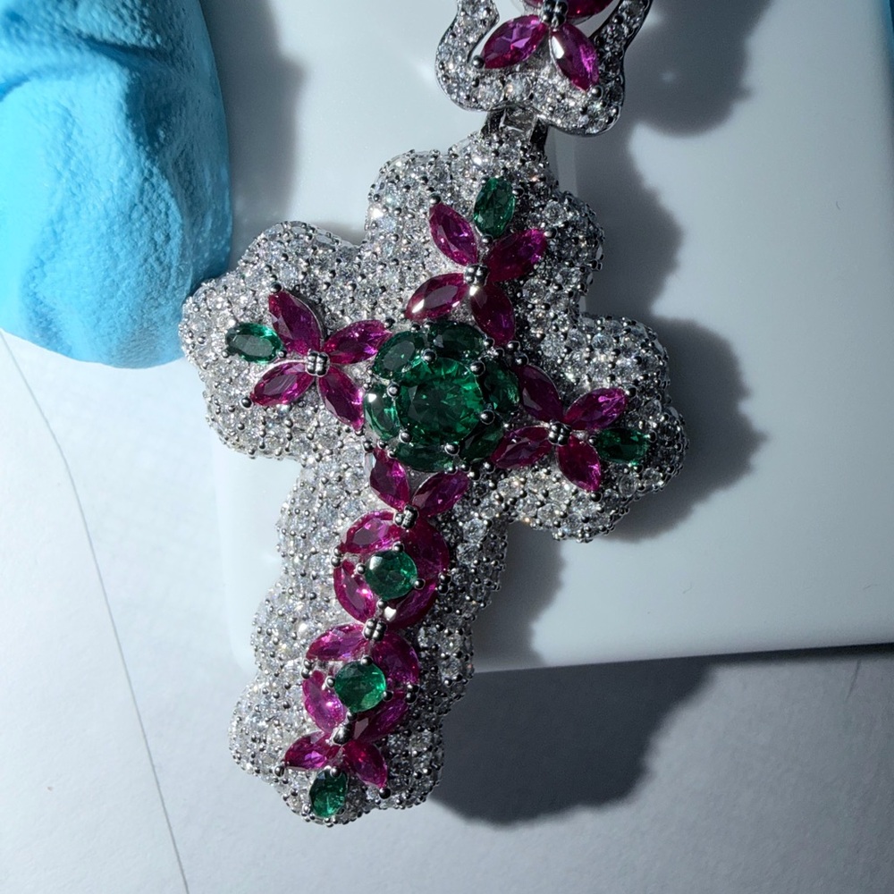 Moissanite cross necklace with pink and green gemstones #jewelry #crossnecklace